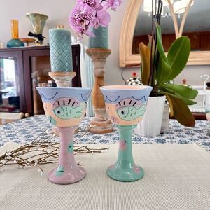 Susan Painter Pottery 2 Pc Handmade Wine Goblets Signed Handpainted “Beachware”